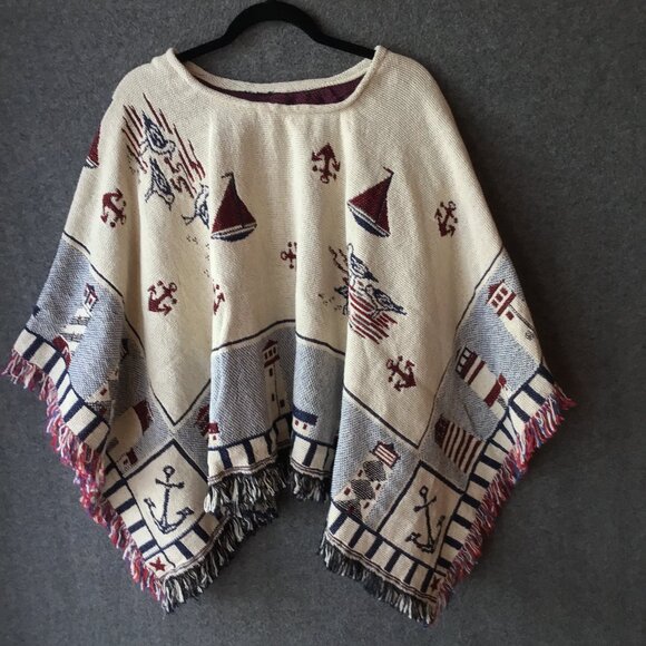 Nautical Design Reversible Knit Poncho Fringe Edge OS - Picture 1 of 9